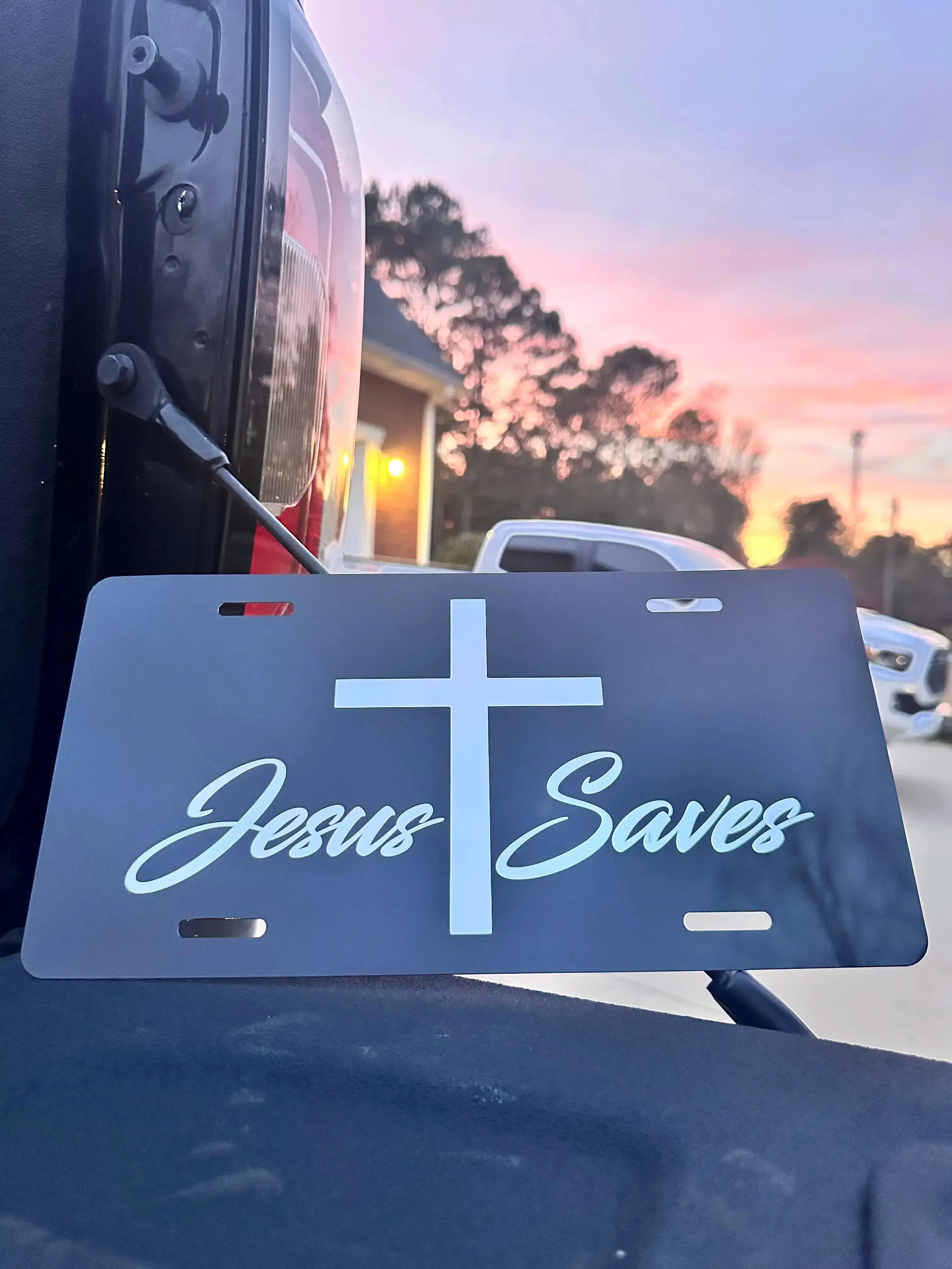 Funny Jesus Saves Front License Plate - Handmade in USA, Vinyl-Aluminum, Weather Resistant, Protective, Easy Installation, 12x6 in, Standard License Plate Sizes, Car & Truck Exterior Accessory