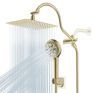 Hibbent All Metal High Pressure Rainfall Shower Combo/Handheld Showerhead Combo with 12'' Adjustable Curved Shower Extension Arm, 10-Spray, 71'' Hose, Showerhead Holder, Brushed Gold