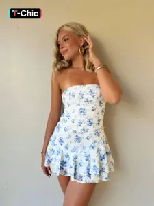 Women's Floral Print Tube Dress, Feminine Fashion Casual Boho Soft Strapless A Line Dress for Daily Outdoor Wear, Ladies Dress for Summer Womenswear, Boho Sundresses