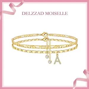 Delzzad Layered Letter Anklets Brass Initial Pendant Ankle Chain Set Golden Alphabetical Ankle A-Z Birthday Anniversary Gifts for Girls Women Costume Jewelry Accessories