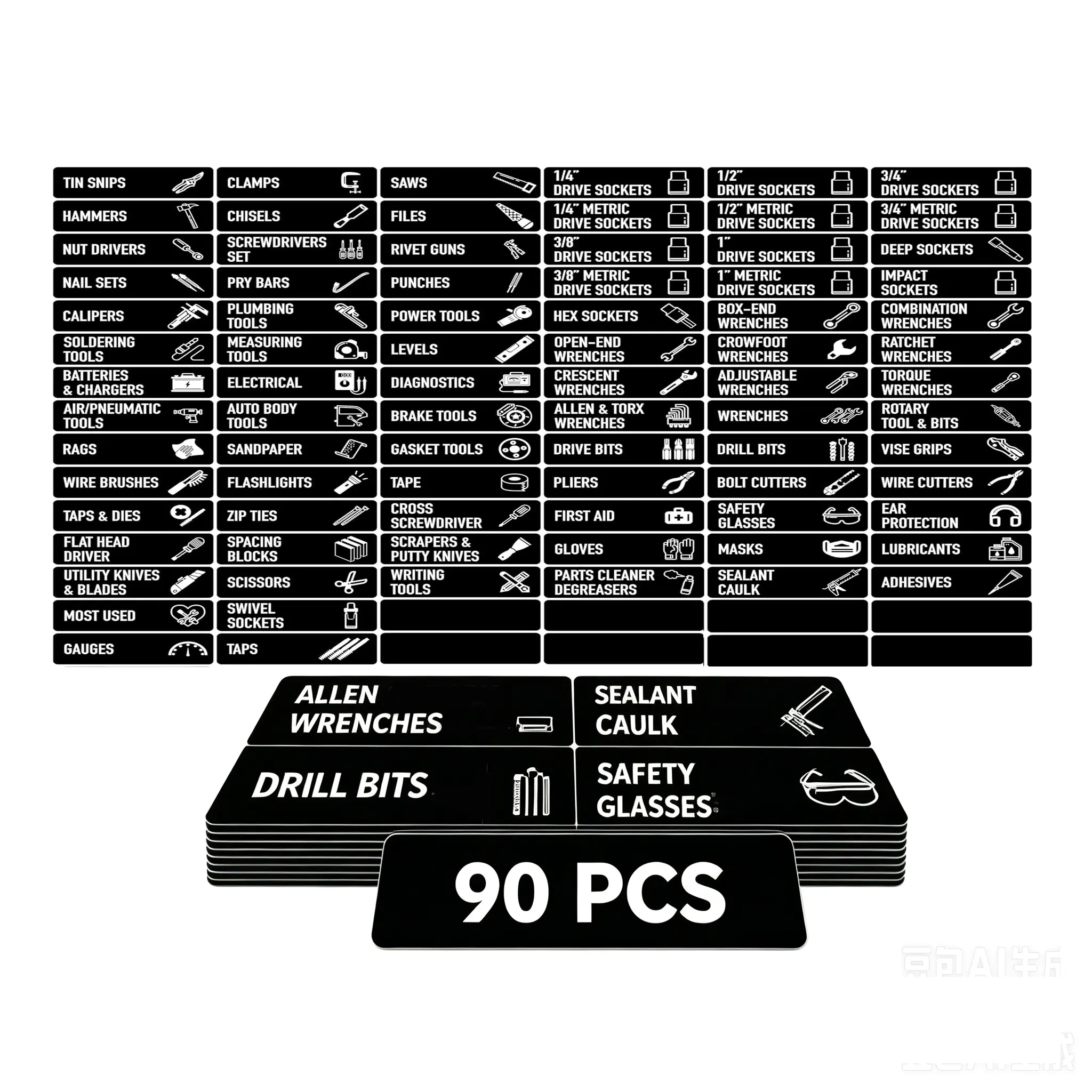 90 PCS Magnetic Toolbox Labels | 82 Pre-Printed + 8 Blank Large Magnetic Tool Chest Organizer Labels, Clear Readable Print Strong Magnet, Universal Fit All Metal Tool Box Drawers, Garage Tool Storage Classification Stickers