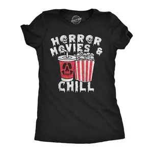 Womens Funny T Shirts Horror Movies And Chill Sarcastic Halloween Movie Graphic Novelty Tee For Ladies Funny Womens T Shirts Cute Vintage Fashion Casual Ladies T-Shirt Gift Halloween Tops for Women Funny Movie Black -