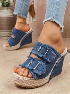 Women's Fashion Wedge Sandals, Denim Buckle Slip-On Platform Shoes, Comfortable Summer Beach Vacation Casual Design Rubber, Boho Style Sandal