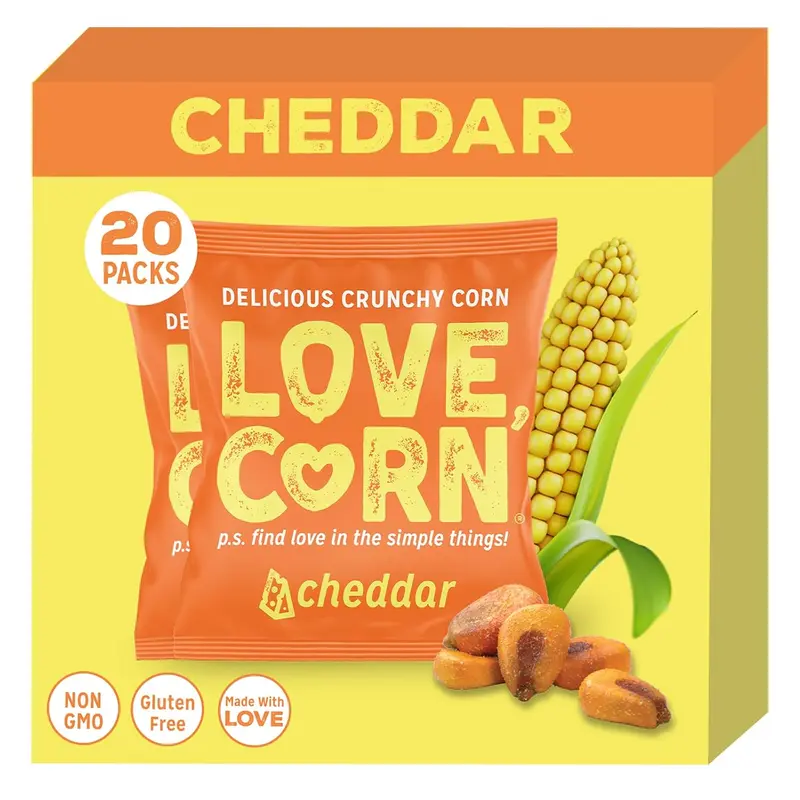 LOVE CORN Cheddar 0.7oz x 20 bags - Delicious Crunchy Corn - Healthy Family Snacks - Gluten Free, Kosher, NON-GMO - Alternative for Chips, Nuts, Crackers & Pretzels - Perfect for Charcuterie Boards Traditional Crispy
