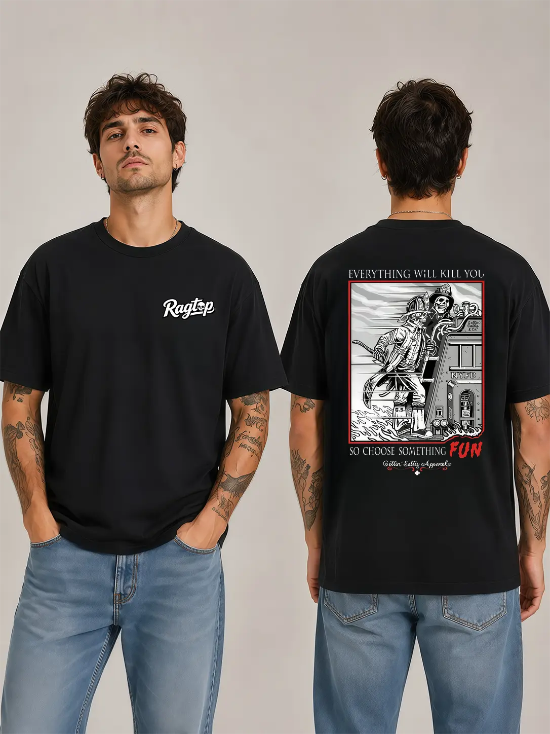 [Graphic T-Shirt] firefighter shirt - Ragtop Firefighter Ladder Climbing Grim Reaper Graphic Tee, Fire Truck Rescue Scene Design, Vintage First Responder Inspired Apparel,cotton tee,printed shirts for men