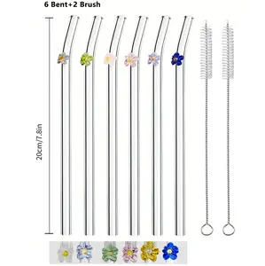 8pcs Lady Glass Straw Set with Colorful Flower Designs and Cleaning Brush for Eco-Friendly Drinking
