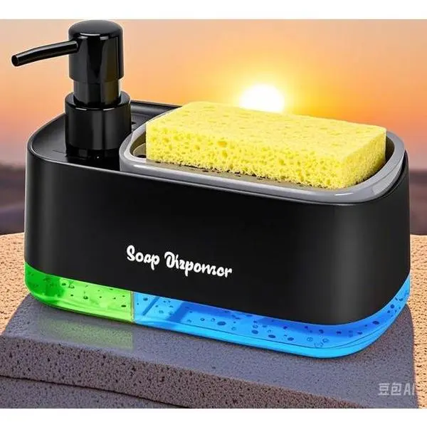 Dual Kitchen Soap Dispenser Set with Sponge Holder, 3-in-1 Countertop Pump for Sink, Reusable and Durable, Practical Soap Dispenser Organizer, Space-Saving Kitchen Accessory - Black Hand Shelf