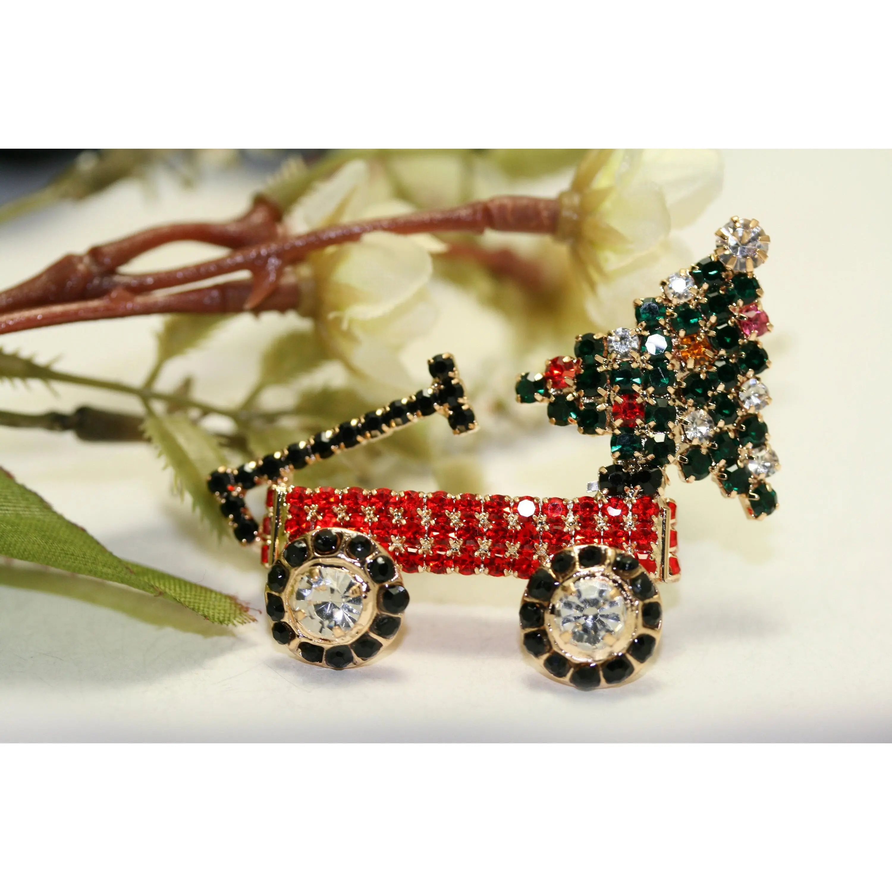 Gold-Tone Whimsical Vintage Christmas Tree Wagon Brooch, 2" Long 1.65" Wide Holiday Jewelry, Prong-Set Bright Crystals, Movable Wheels, Secure Clasp, Blemish-Free Metal