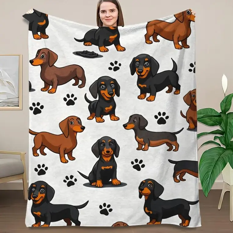 1pc Dachshund Pattern Blanket - Soft Flannel All-Season Comfort Throw with Brown, Black, Tan, and Dachshund Print - Gift for Pet Lovers, Suitable for Bed, Sofa, Living Room - Durable Dachshund-Themed Home Decor for Dog Owners - Ideal for Dachshund