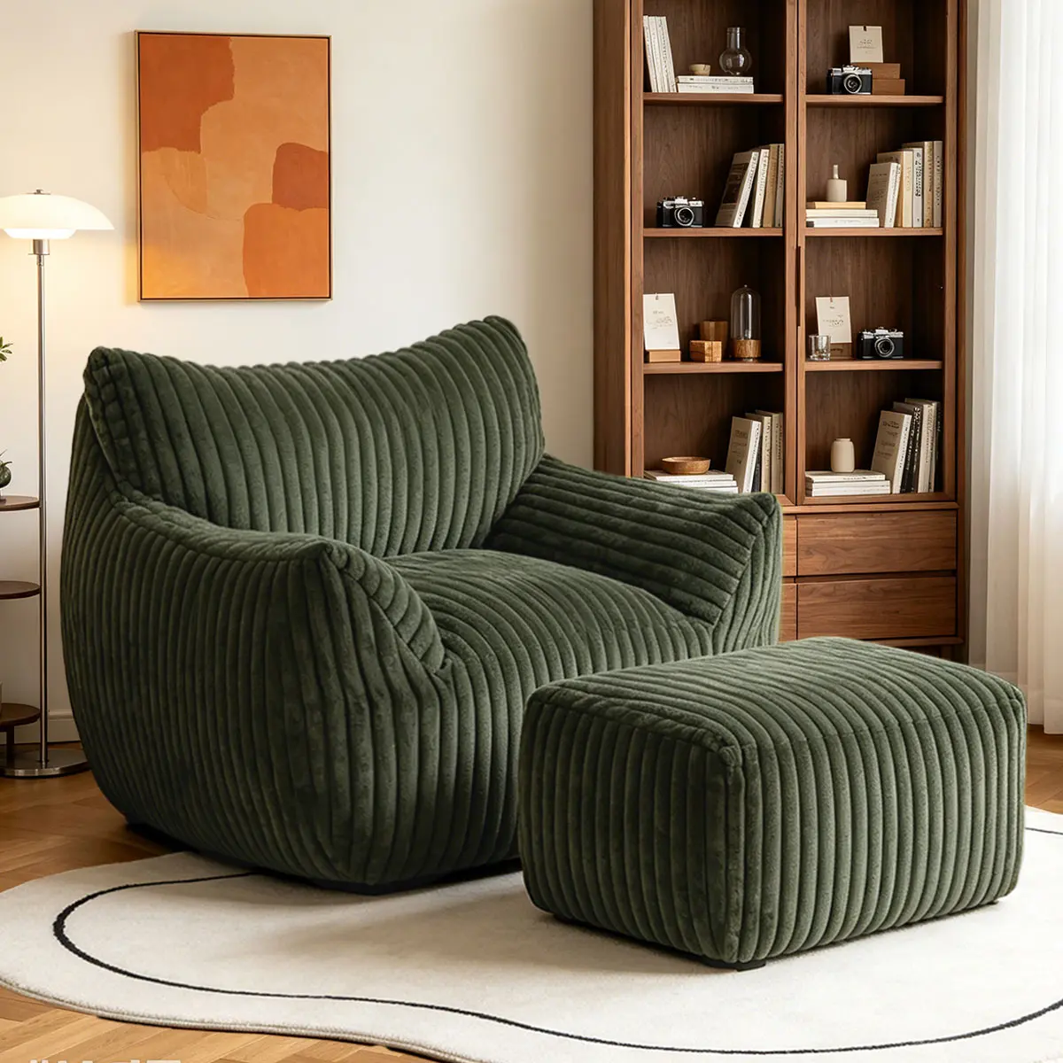 【1 Package】Oversized Corduroy Plush Bean Bag Chaise Lounge Chair with Ottoman, High Resiliency Cloud Floor Sofa with Supportive Armrests & Ergonomic Design, Dorm Room Home Office Movie Nights Single Furniture sohochic