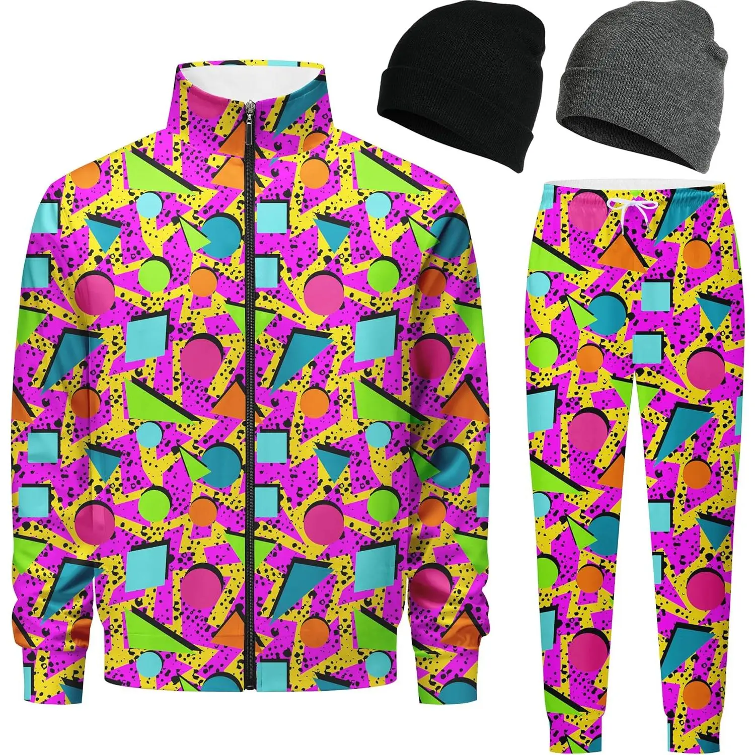 DOOPCCOR Men's 2-Piece 80S 90S Track Suit Set, Zip-Up Casual Jogging Outfit with Long Sleeve Top & Knit Beanie, Breathable Sweatsuit, Check Size Chart