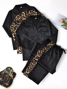 Women's Leopard Print Satin Pajama Set, Heart Jacquard Striped Sleepwear, Casual Short Sleeve Button Front Top & Elastic Pants