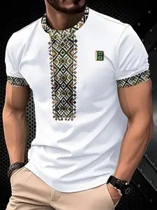 Men's Fashion Casual Classic T-Shirt, Geometric Pattern, Knitted Fabric, Plaid Design, Regular Fit, All Seasons Wear