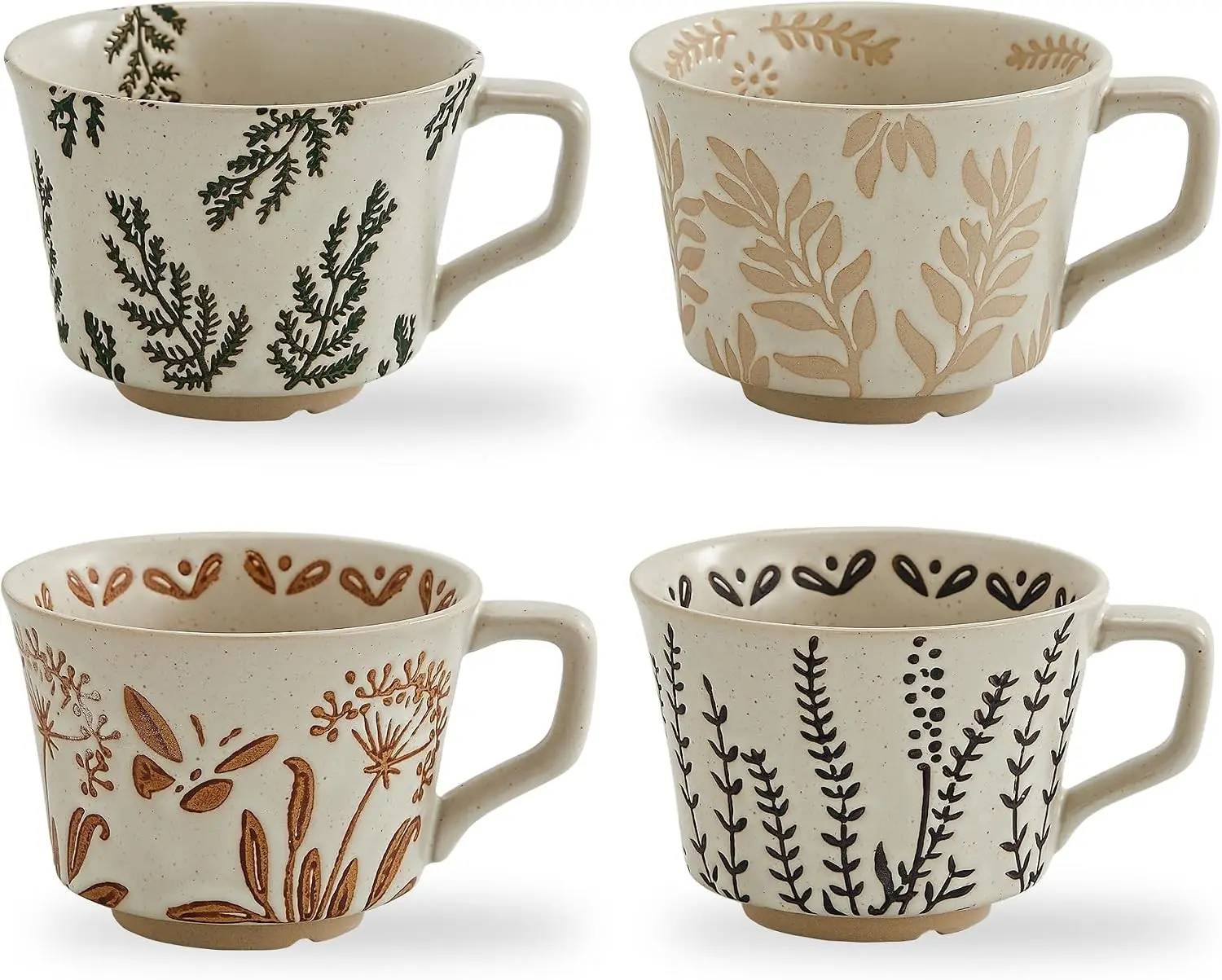 12oz Vintage Ceramic Coffee/Tea Cup Set of 4 - Handmade Stoneware Pottery, Countryside Farmhouse Style, Big Handle for Latte/Cocoa, Dishwasher & Microwave Safe (Plants Design), Ceramic Set