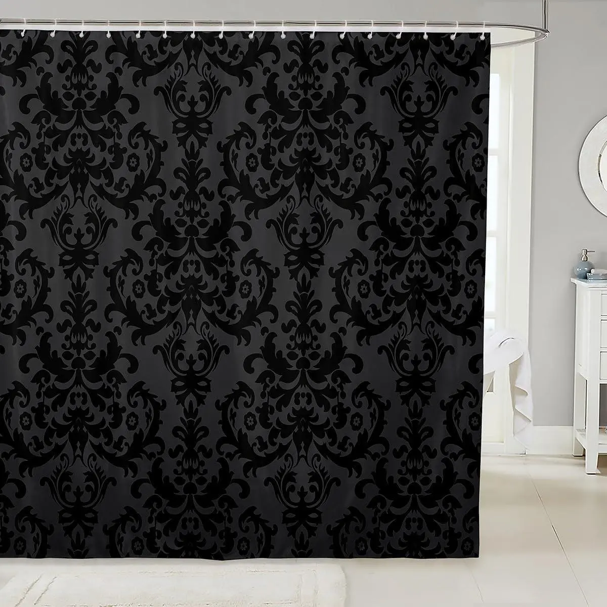 Feelyou Adults' Gothic Damask Print Waterproof Shower Curtain Set - Shower Window Curtain, Antique Victorian Baroque Design, Black Grey Green Vintage Floral Artificial Fabric Bathroom Accessory, Bathtub-Fit with C-Hooks, Washable, Shower Window Curtain Wa