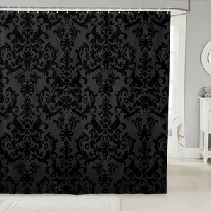 Feelyou Adults' Gothic Damask Print Washable Shower Curtain - Antique Victorian Baroque Design, Black Grey Greenish Vintage Floral Polyester Bathroom Accessory, Bathtub Fit with C-Hooks,summervibes