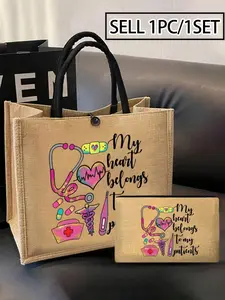 Nurse Theme Handbag and Makeup Bag Set, Casual Style Tote Bag, Featuring Stethoscope Heart Syringe Thermometer Designs, Portable Carryall