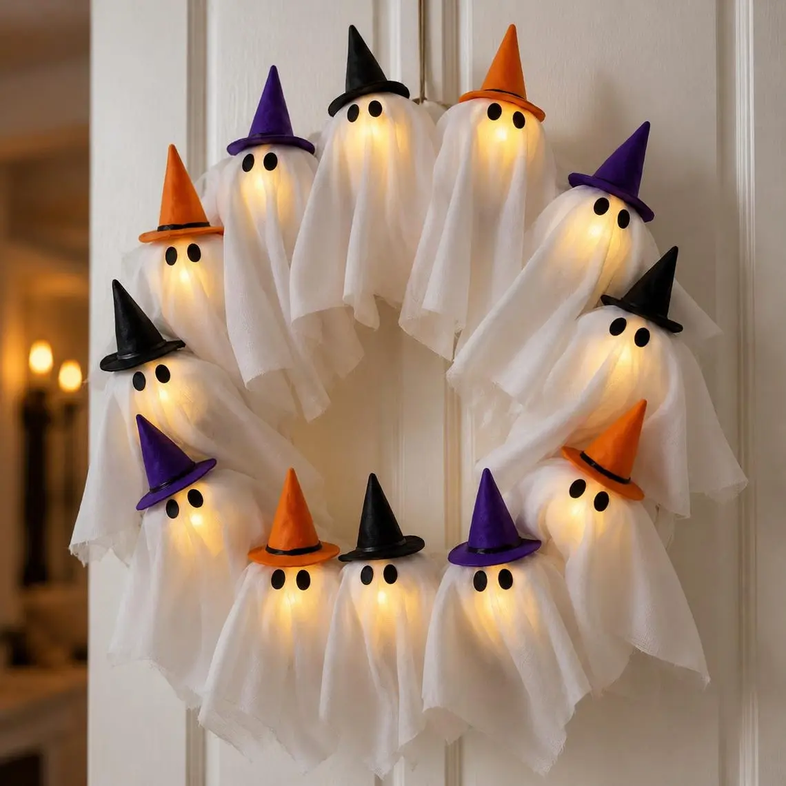 Light-Up Witch Hat Ghost Halloween Wreath, Fabric LED Front Door Decoration