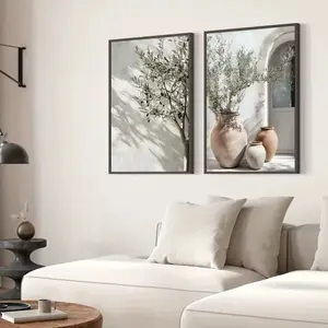 2pcs/set Neutral Olive Tree Shadow Vase Canvas Print Poster Retro Botanical Landscape Art Print Home Decor Art Poster Gifts