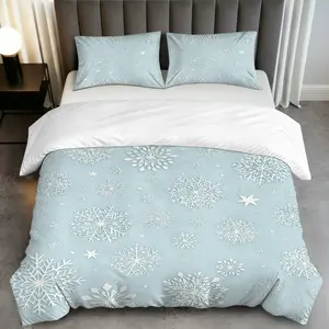 3PCS Duvet Cover Set, 1 Duvet+2 Pillowcases(Without filler), Snowflake Winter Blue White Christmas theme, Holiday bedding set, Stylish Frozen Cozy Suitable for decoration bedroom living room guest room hotel.