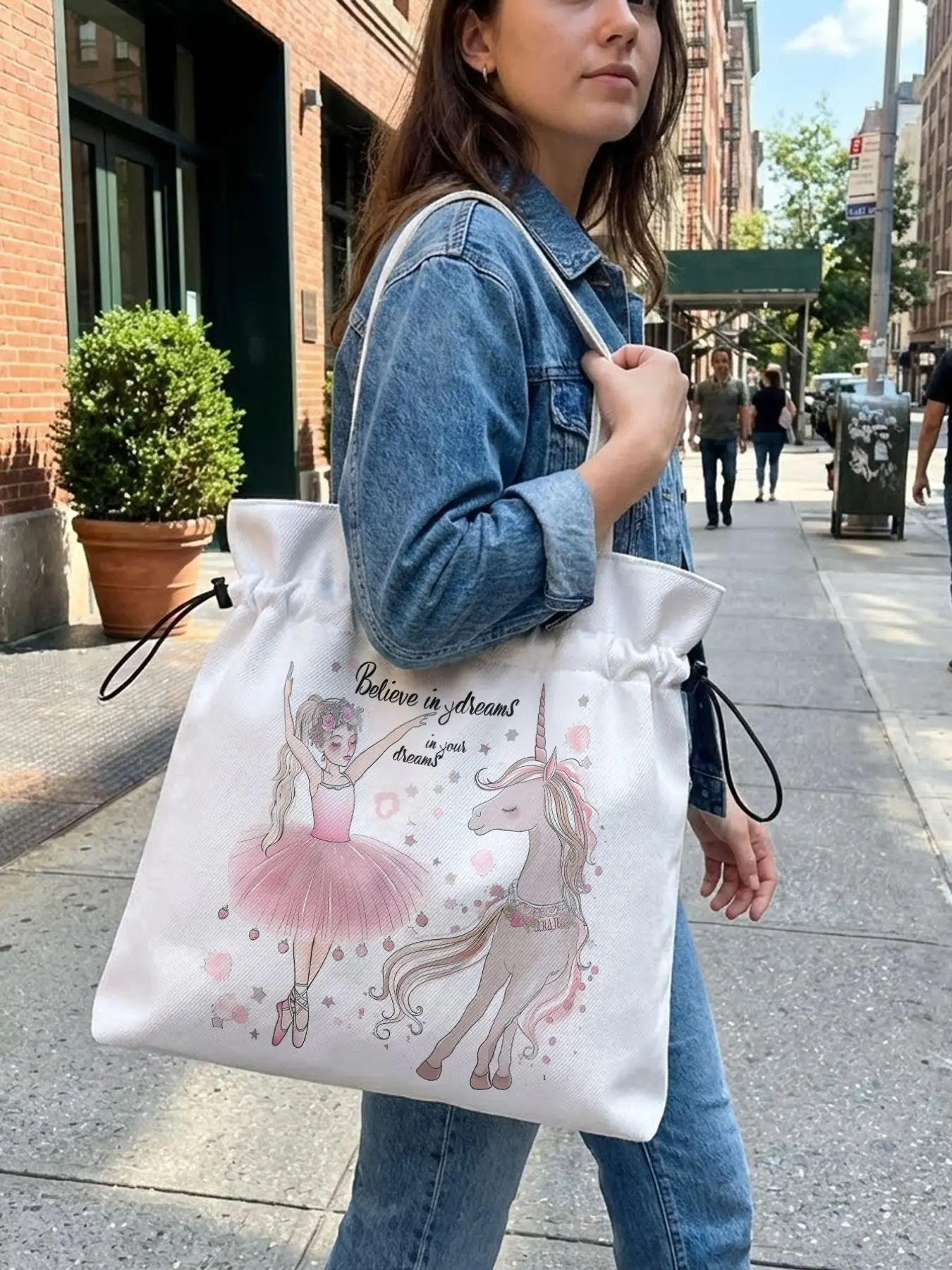 Girls Unicorn Pattern Drawstring Tote Bag, Large Capacity Shopping Bag, Durable Random Print, Casual Style for All Seasons