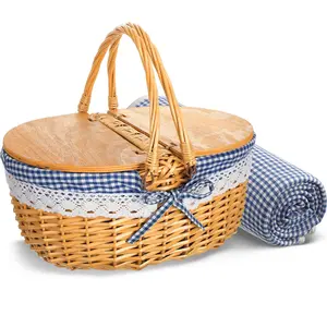 Wicker Picnic Basket with Blanket Set Vintage Picnic Basket with Lid and Handle Classic Picnic Box Sturdy Woven Body with Washable Lining Picnic Accessories for Outdoor Camping (Blue)