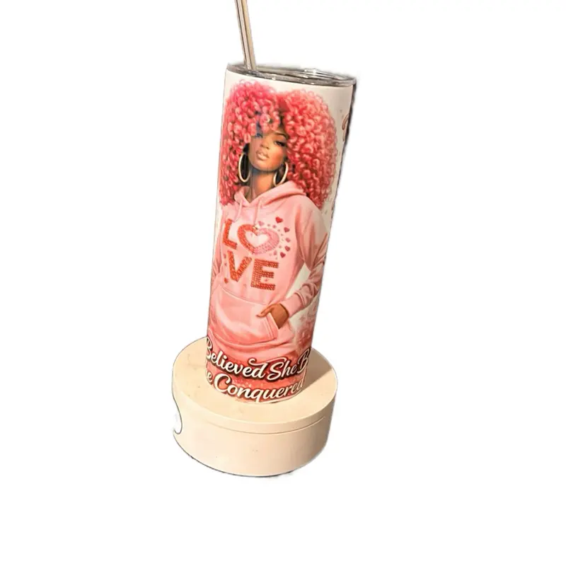 Pink Motivation 20oz Skinny Tumbler She Believed She Built She Conquered Self Love Affirmation Cup with Inspirational Design
