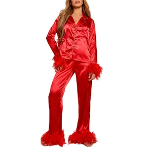 Women Valentine's Day Pajamas Set Cute Silk Satin Pajama Feather Trim Shirt Pants 2 Pieces Valentine Pjs Set Loungewear