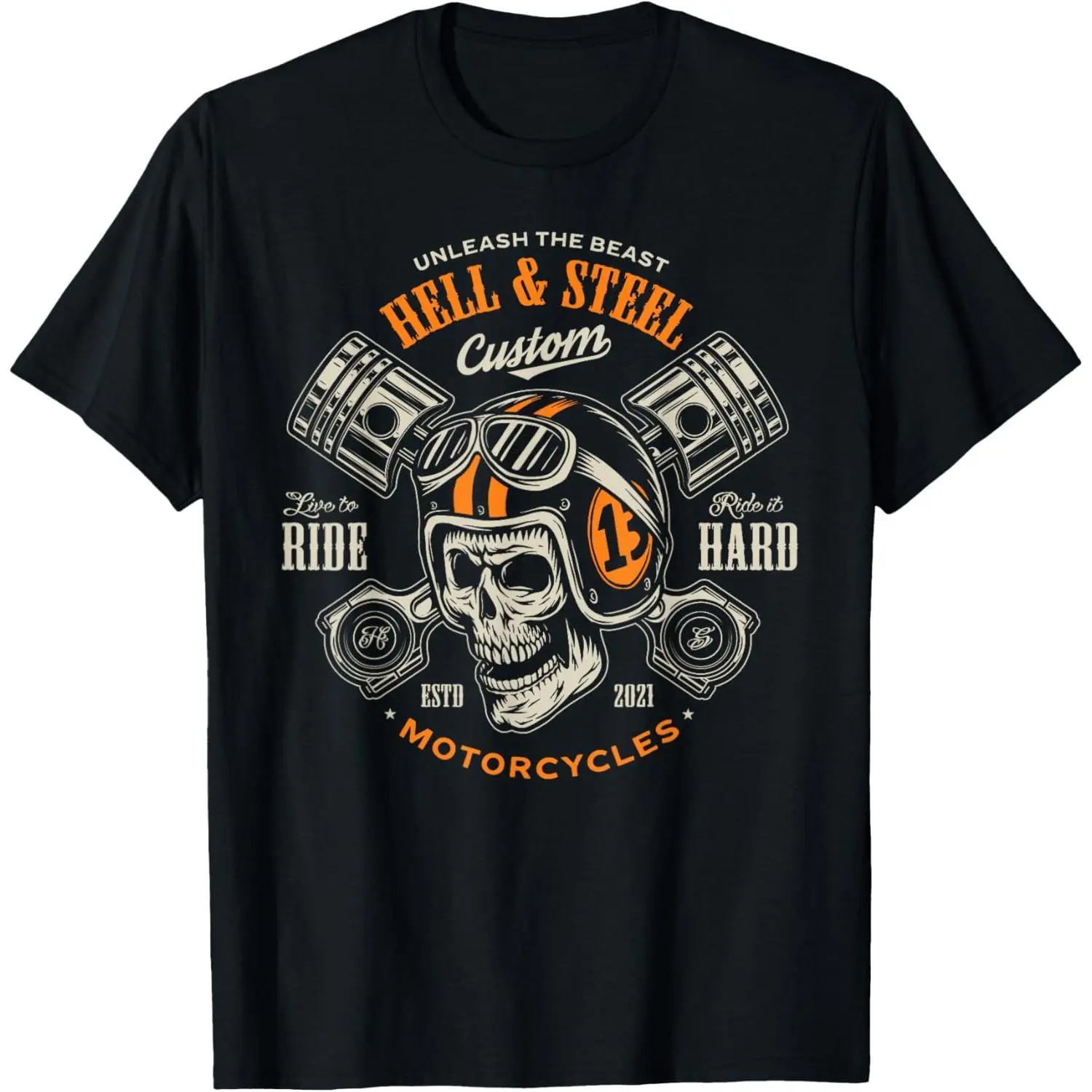 Men's Biker Streetwear 100% Natural Cotton Short-Sleeve T-Shirt, Round Neck Regular Fit, Skull & Piston Crossbones Graphic, Moisture-Absorbent No Irritation Fashion Top, Machine Washable for Casual Sports
