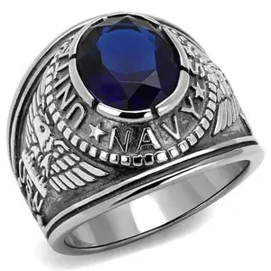 316 Stainless Steel Wide Band Navy Mens Sapphire CZ Ring