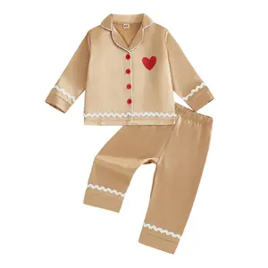 Kid Christmas Satin Pajamas Set Heart Print Long Sleeve Lapel Button Down Tops with Pants Gingerbread Man Sleepwear