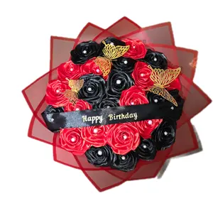 Elegant Birthday Bouquet with Red & Black Roses Gold Butterflies and 'Happy Birthday' Ribbon Perfect Gift