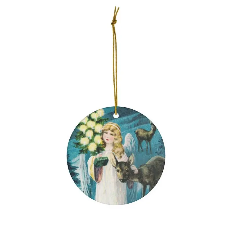 Vintage Ceramic Christmas Angel Ornament with Full-Color Imprint