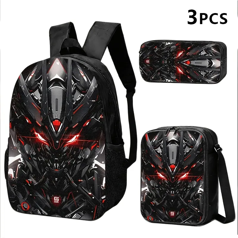 3PCS Cyberpunk Mecha Robot Eyes Print Backpack Set Pack for Teens, Water-Resistant School Bag with Zipper + Lunch Box + Pencil Case, Lightweight, 15-in Laptop Fit, Breathable Straps, Black & Red Futuristic School Supplies, Oxford Cloth, Mecha Head, Back T