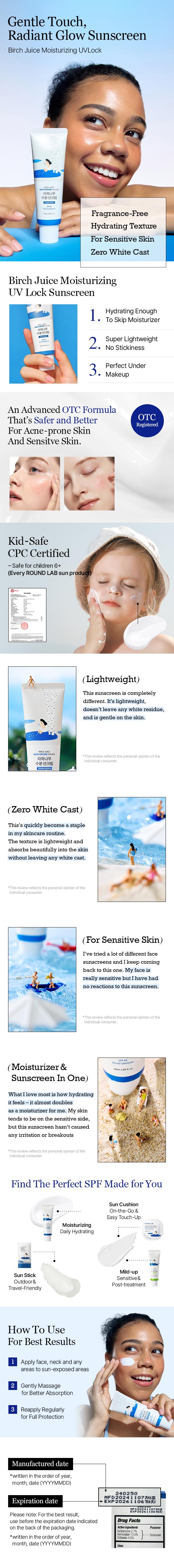 [ROUND LAB] Birch Juice Moisturizing Sunscreen_OTC version_50ml Skincare Facial Moisturizing Hydrating Suncare UV Protection