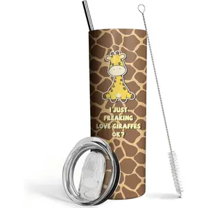 Giraffe Tumbler With Lid and Straw - Unique Gifts for Women, Men, Girls - Cute Skinny Cup Water Bottle Coffee Mug - Metal Thermal Insulated 20 Oz Drinkware Flasks