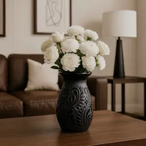Handcrafted Black Embossed Talavera flower vase- Elegant deep floral design