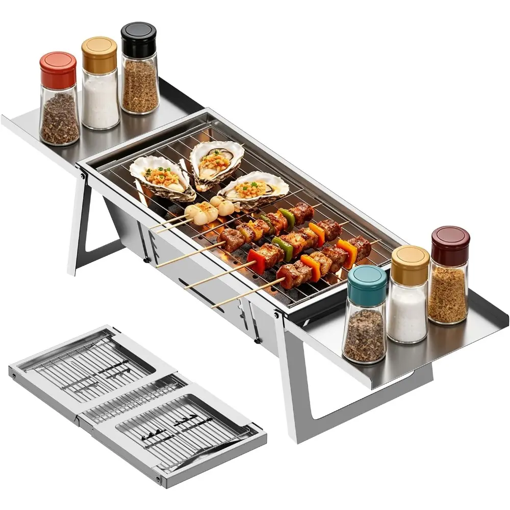 Ultra-Portable Charcoal Grill Stainless Steel Folding BBQ | portable charcoal grill folds flat for travel. The adjustable stainless steel design makes outdoor cooking simple
