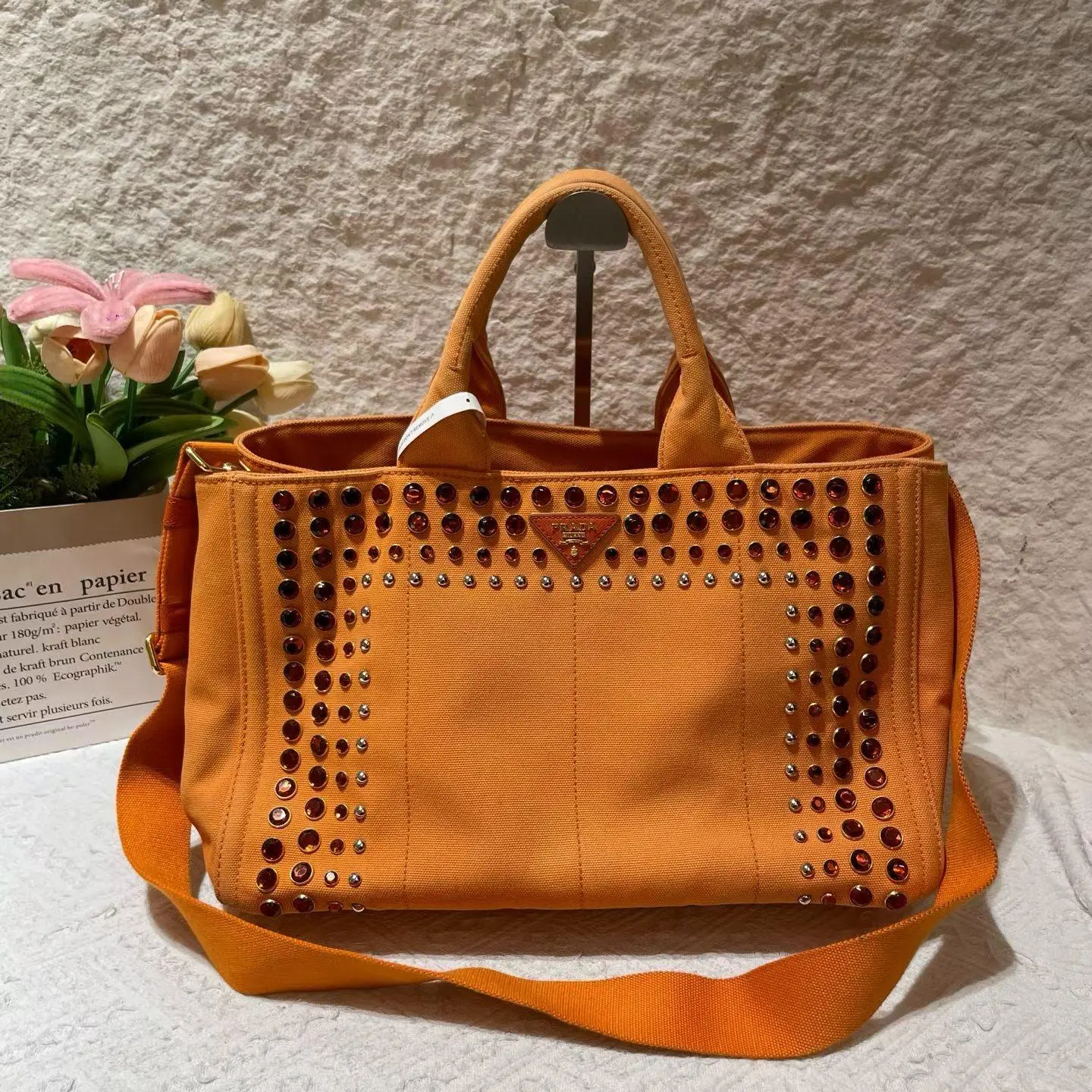 Pre-owned Prada orange rhinestone canvas beach bag handbag tote bag with shoulder strap! Size: 34.5*21*23 XH 20998103