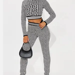 Pant Set Pull Over Sweater with Geometric Pattern - Pullover Style Top and Matching Pants Ensemble