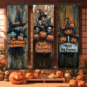 3 Counts Halloween Hanging Banner, Spooky Pumpkin And Skeleton Witches, Halloween Mural And Decorative Posters, Fun Party Decorations, Horror Themes, Living Room, Bedroom, Home Posters, High Definition, Waterproof, Ideal Gifts