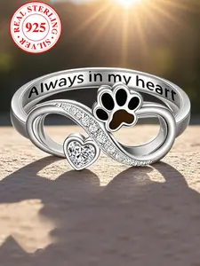 S925 Sterling Silver Cute Paw Print & Heart Design Ring, Fashion Jewelry for Party, Daily Clothing Decor, Trendy All-match & Exquisite Jewelry for Birthday Gift, Heart Shaped Ring