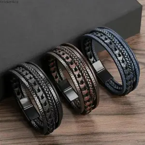 2026 NEN 3-Pack Trendy Men's Multi-Layer Bracelets - Alloy Magnetic Buckle Retro Leather Rope Braided Bracelets, Fashion Dressing Accessories