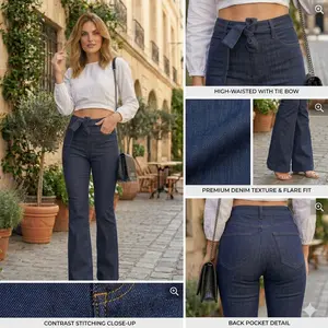High-waisted, slightly elastic waistband flared wide-leg women's jeans, vintage flared jeans, loose-fitting women's jeans, featuring a 70s-style ripped design and elastic waistband, suitable for casual or cocktail party occasions