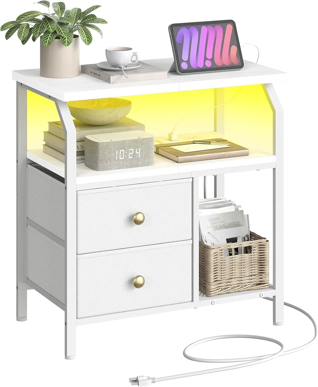 Durable White Metal Nightstand - 20-24 in Height, 22.8 in Wide, 23 in Option, USB Ports, LED Light Strip, 2 Non-Woven Drawers, 2 Open Shelves, Adjustable Legs, Remote Control, Assembly Required, Bedroom Side Tables, Easy Setup
