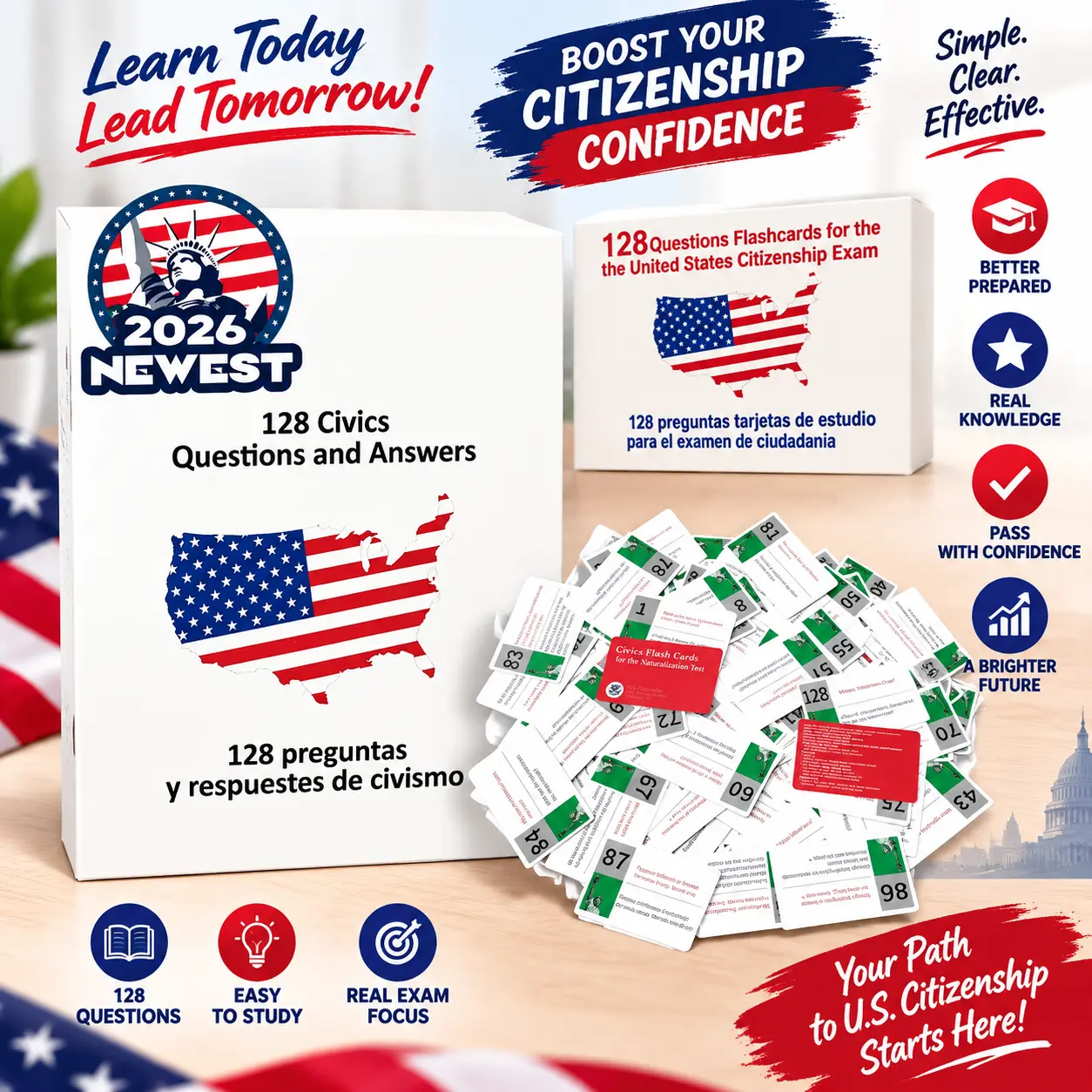 US Citizenship Learning Flashcards Set - 128 USCIS Civics Questions & Answers, Portable English Naturalization Test Prep, Colored Hard-Paper Cards, Bilingual Instruction Cards, Vocabulary Study Aid, Learning Flash Cards