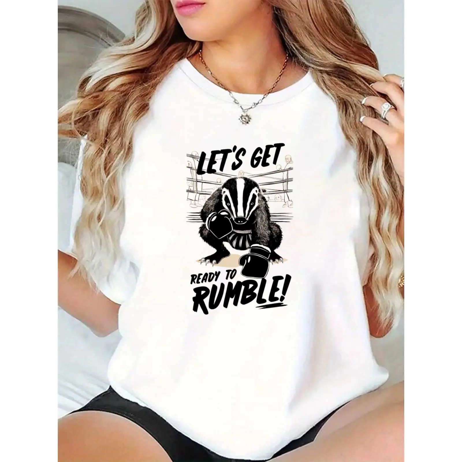 Women's Graphic T-Shirt, Lets Get Ready to Rumble Boxing Badger Print, Comfortable 100% Cotton Tee for Gym & Casual Wear, Basic, Ladies, Essential, Elegant, Prints, Feminine
