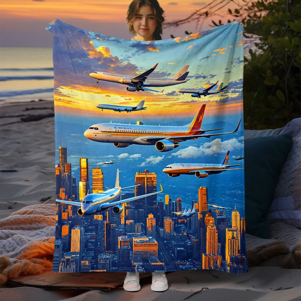 1pc a Soft Blanket Featuring an Aircraft Flying Over a Sunset City, Perfect for Use on a Sofa, Bed, Or During Travel. This Lightweight Flannel Throw Is Suitable for The Living Room, Office, Or Camping, And Makes a Great Gift for Family Or Friends