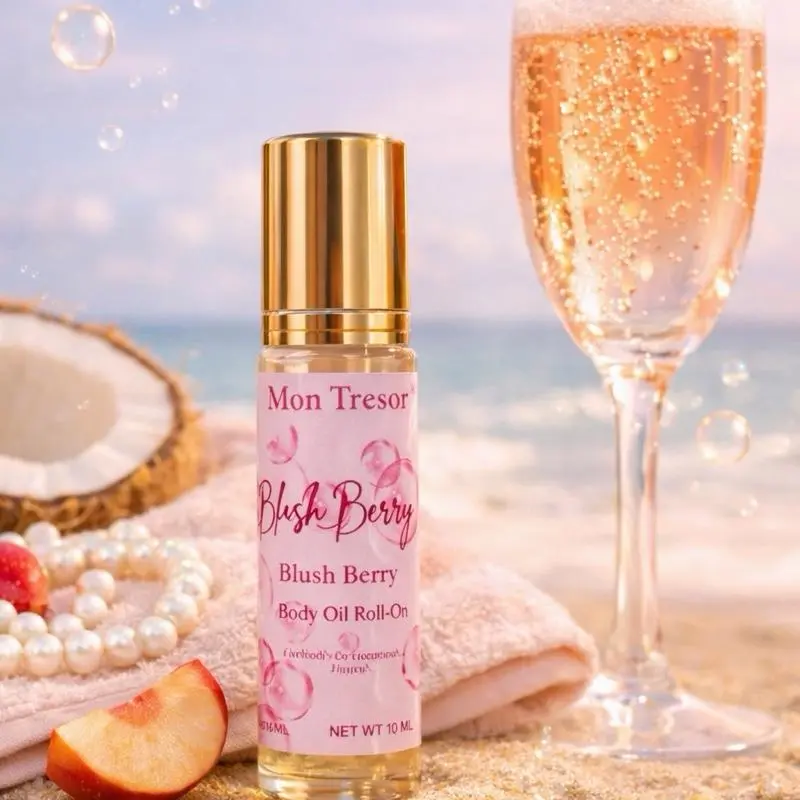 Mon Tresor Beauty Blush Berry Prosecco Scented Body Oil Roll-On, Coconut-Peach Aroma, Hydrating Body Care Product