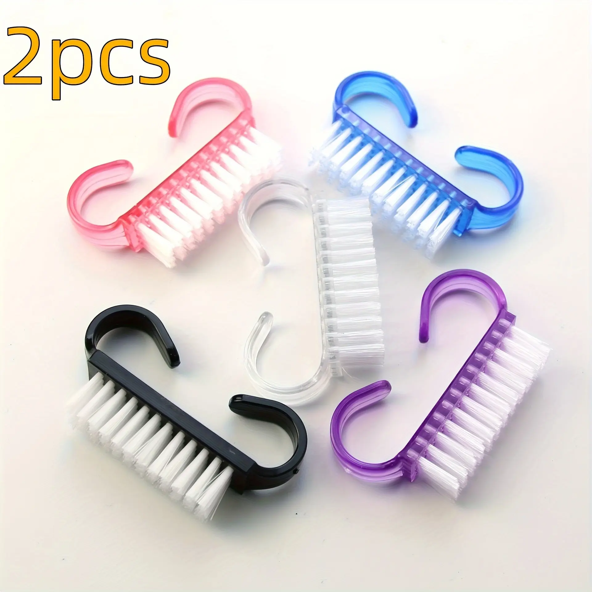 2-pieces transparent handle nail cleaning brush with curved grip, multi-color nail art dust collector, durable plastic finger brush for cleaning nails